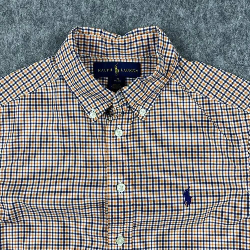 Ralph Lauren Boys Button Up Shirt Long Sleeve Orange Navy Plaid Size M (10-12)